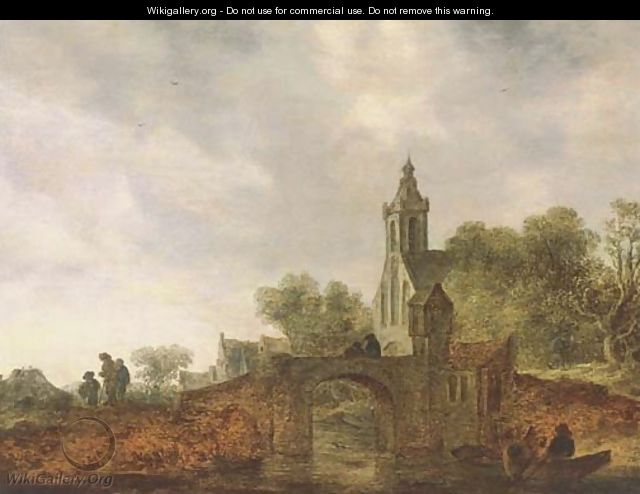 A river landscape with travellers near a bridge, a church and a village beyond - (after) Jan Van Goyen