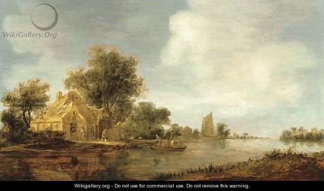 A river landscape with a boat and cottages on an embankment - (after) Jan Van Goyen