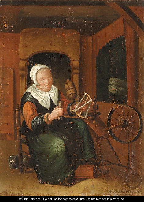 An old Lady Spinning in an Interior - (after) Jan Josef, The Elder Horemans