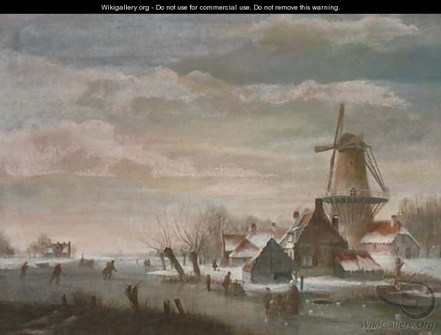 Skaters by a windmill in a Dutch winter landscape - (after) Jan Jacob Coenraad Spohler