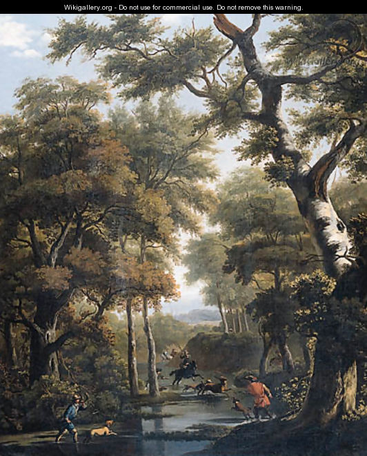 A stag hunt in a forest - (after) Jan Hackaert