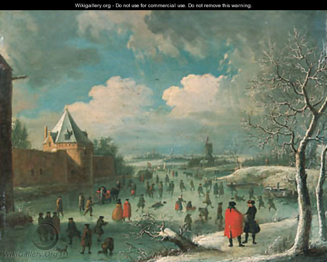 A winter landscape with townsfolk skating on a frozen moat - (after) Jan Griffier I