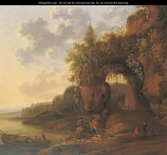 A mountainous river landscape with travellers on a path in the foreground by a moored boat - (after) Jan Gabrielsz. Sonje