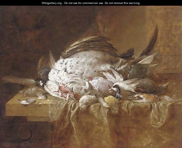 A dead turkey and songbirds on a partly-draped table - (after) Jan Fyt