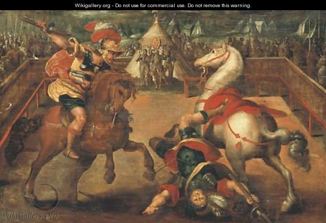 Two knights jousting, a tent with the Medici coat-of-arms beyond - (after) Jan Van Der Straet