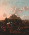 A rocky Italianate landscape with harvesters, cattle, and a dog by a stream - (after) Jan Van Der Bent