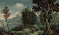 A mountainous River Landscape with the Prodigal Son, a view of Verona beyond - (after) Jan Soens