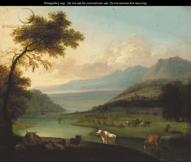 Cattle in an extensive river landscape, harvesters beyond - (after) Jan Siberechts