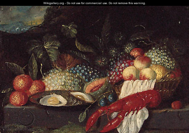 A lobster, a plate of oysters and fruit on a stone ledge in a landscape - (after) Jan Pauwel II The Younger Gillemans