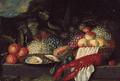 A lobster, a plate of oysters and fruit on a stone ledge in a landscape - (after) Jan Pauwel II The Younger Gillemans