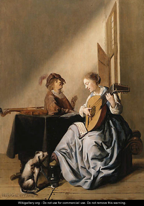 A young Woman playing a Lute with a Youth singing in an Interior - (after) Jan Miense Molenaer