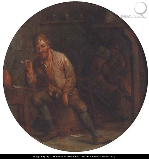 A boor smoking a pipe in an interior, a peasant by a fireplace beyond - (after) Jan Miense Molenaer