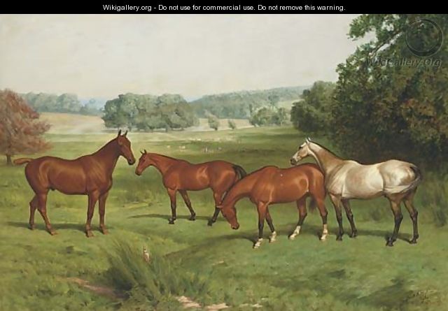 Four hunters in a parkland landscape with fallow deer beyond - Basil J. Nightingale