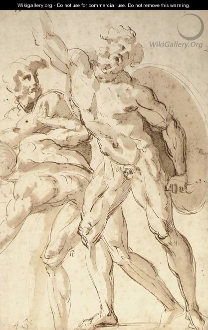 A nude warrior with a shield reaching up to the left, two crouching nudes to the left - Baccio Bandinelli