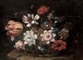 A tulip, morning glory, roses and other flowers in a wicker basket on a stone ledge - Bartolomeo Ligozzi