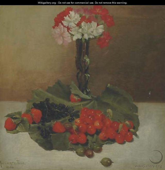 Fruits and flowers on a table - Belgian School