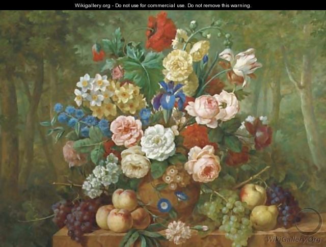 Flowers and fruit on a ledge in a forest - Belgian School