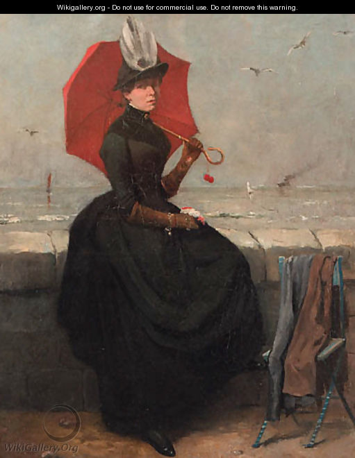 A lady with a red umbrella sitting by the sea - Belgian School