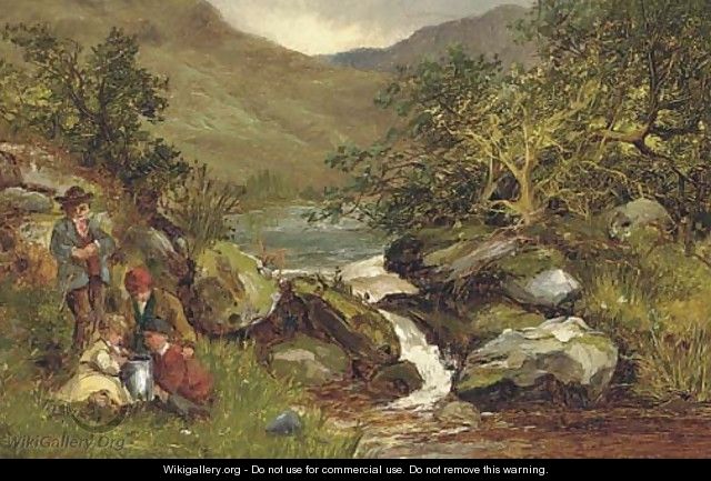 An angling party on a river bank - Benjamin Williams Leader