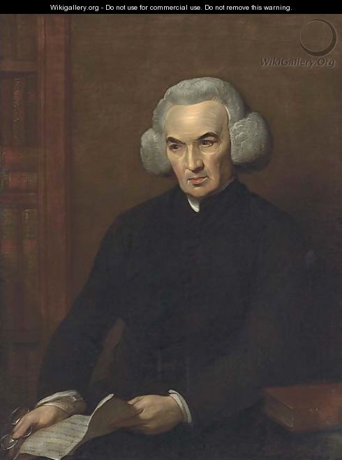 Portrait of Dr. Richard Price, half-length, holding a letter from Benjamin Franklin, with a bookshelf to his right - Benjamin West