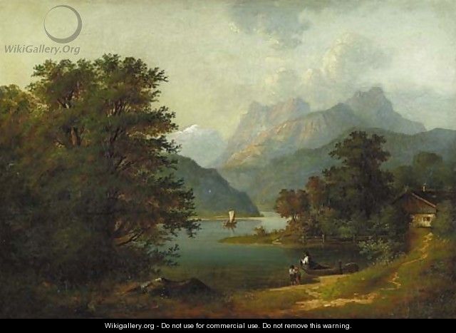 Figures by a Cabin in a Mountainous River Landscape - Benjamin Champney