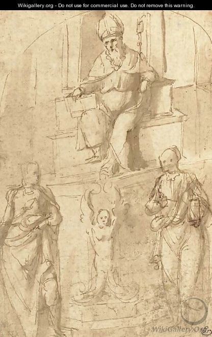 A bishop seated on a throne, with two standing figures - Garofalo