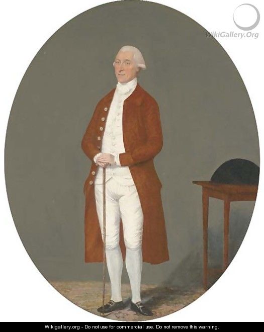 Portrait of a gentleman, full-length, in a brown coat and white waistcoat and breeches, holding a cane, a tricorn on a table beside him - Benjamin Wilson