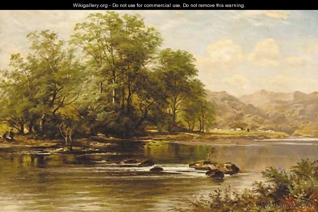Figures in a sunlit river landscape with mountains beyond - Benjamin Williams Leader