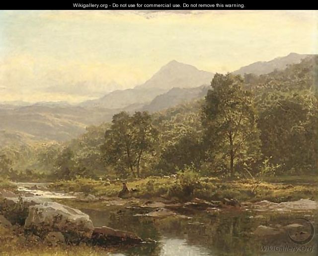 An Island on the Llugwy, Capel Curig, with an angler - Benjamin Williams Leader