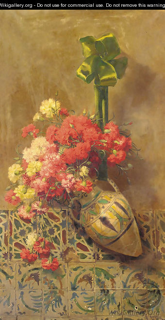 Red and white carnations in a ceramic vase - Aurelio Tolosa Alsina