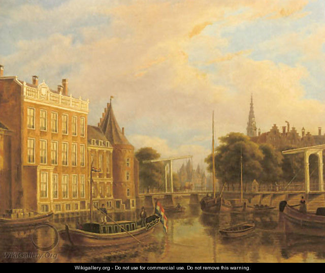 A view of the river Amstel with the Nieuwmarkt and Oude Kerk, Amsterdam - Augustus Wijnantz