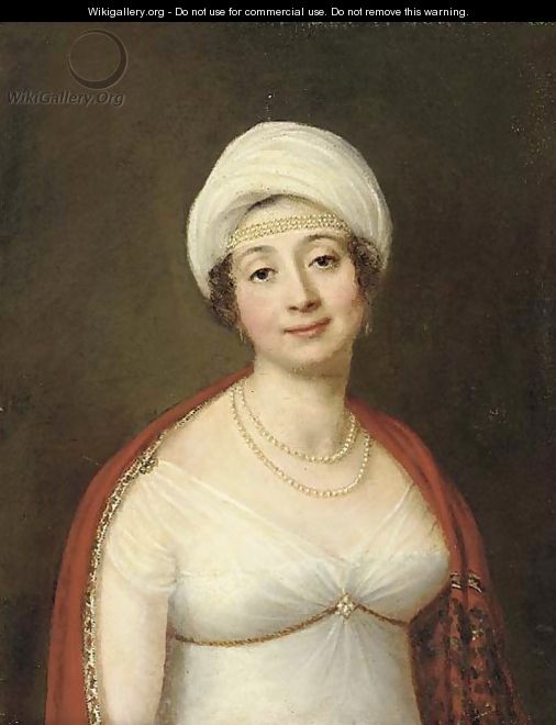 Portrait of a lady, wearing a white empire style dress and white turban, draped in a Paisley shawl, adorned with pearls - Austrian School