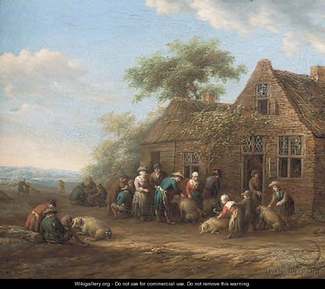 Peasants outside an inn preparing pigs for market - Barent Gael
