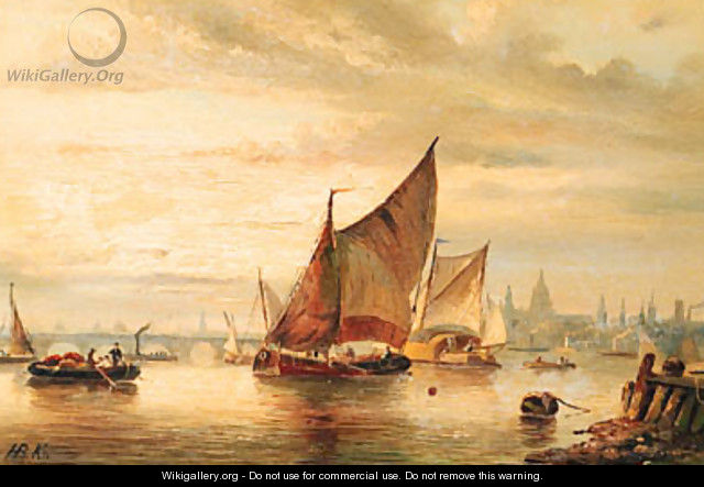 A view of London with various shipping on the Thames at dusk - Hendrik Barend Koekkoek