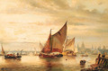 A view of London with various shipping on the Thames at dusk - Hendrik Barend Koekkoek