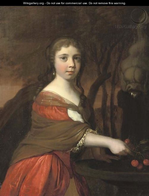 Portrait of a girl, three-quarter-length, in a red dress and brown wrap, cleaning cherries in a fountain - Barent Graat