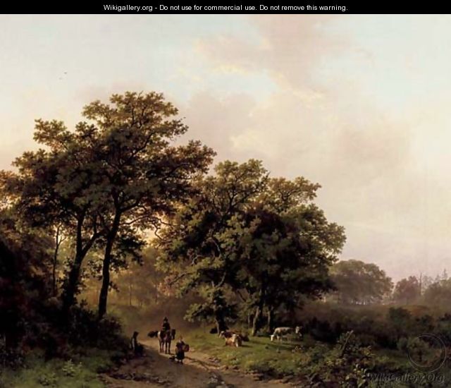 Travellers on a wooded path at sunrise - Barend Cornelis Koekkoek