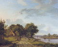 Shepherds with their flock along a calm sunlit river - Barend Cornelis Koekkoek