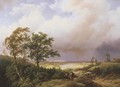 Gelders landschap bij afdrijvende donderbuij en brand in de verte a panoramic view of a valley with Schloss Moyland in the background - Barend Cornelis Koekkoek
