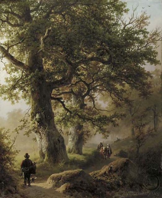 Boschgezigt bij morgenstond travellers on a forest path - Barend Cornelis Koekkoek