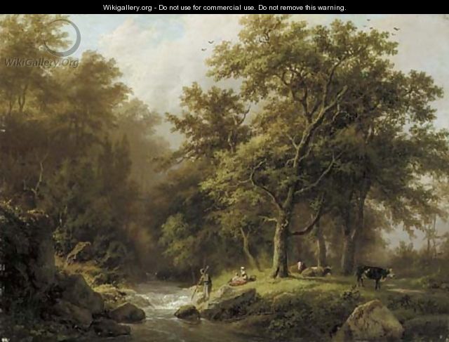 Bosch en heuvelachtig landschap met een stroomende beek a peasant and cattle resting by a wooded stream - Barend Cornelis Koekkoek