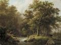 Bosch en heuvelachtig landschap met een stroomende beek a peasant and cattle resting by a wooded stream - Barend Cornelis Koekkoek