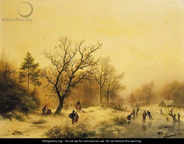 A snow-covered forest with skaters on a frozen waterway - Barend Cornelis Koekkoek