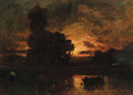 The sun setting on a lake landscape - Barbizon School