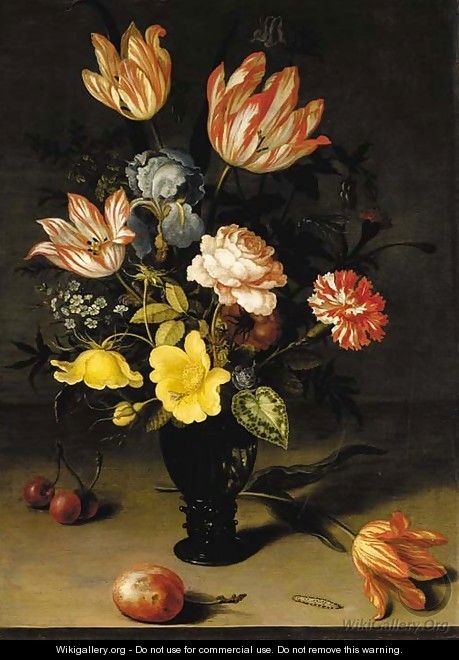 Tulips, irises, roses, forget-me-nots, chrysanthemums and hypericum in a roemer, with cherries, a plum, a tulip and a caterpiller on a stone ledge - Balthasar Van Der Ast