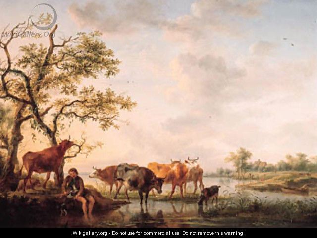 A cowherd watering cattle at sunset - Balthasar Paul Ommeganck