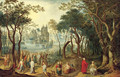 A wooded river landscape with Christ and the Young Ruler, a village beyond - Balthasar Beschey