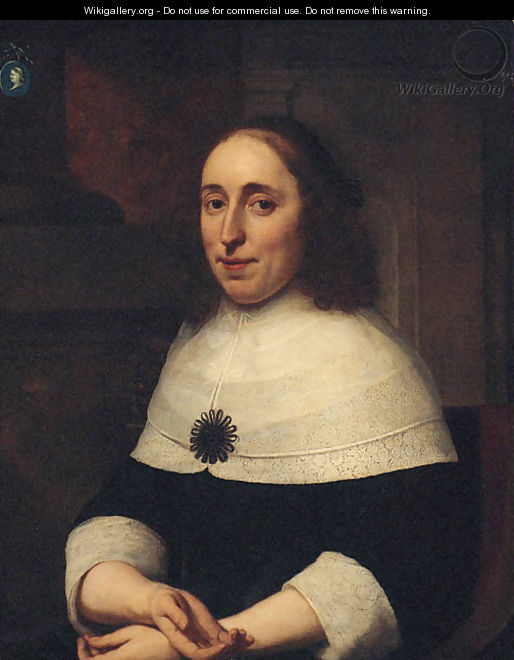 Portrait of a lady, seated half-length, in a black dress, on a terrace, a cameo on a column above - Bartholomeus Van Der Helst