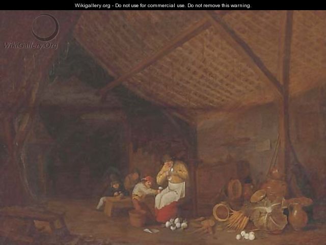 A barn interior with a woman and children peeling onions, earthenware pots, carrots, onions and a cabbage nearby - Bartholomeus Molenaer