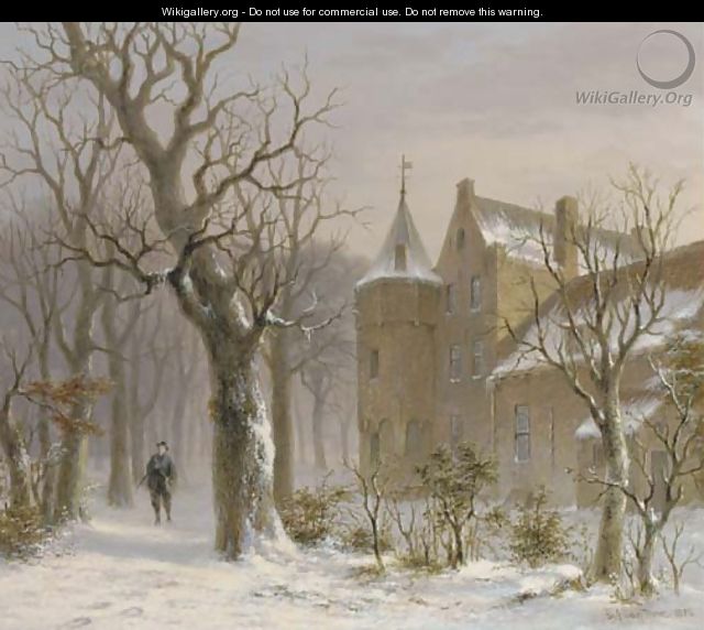 Sportsman in a snowy forest by a castle - Bartholomeus Johannes Van Hove